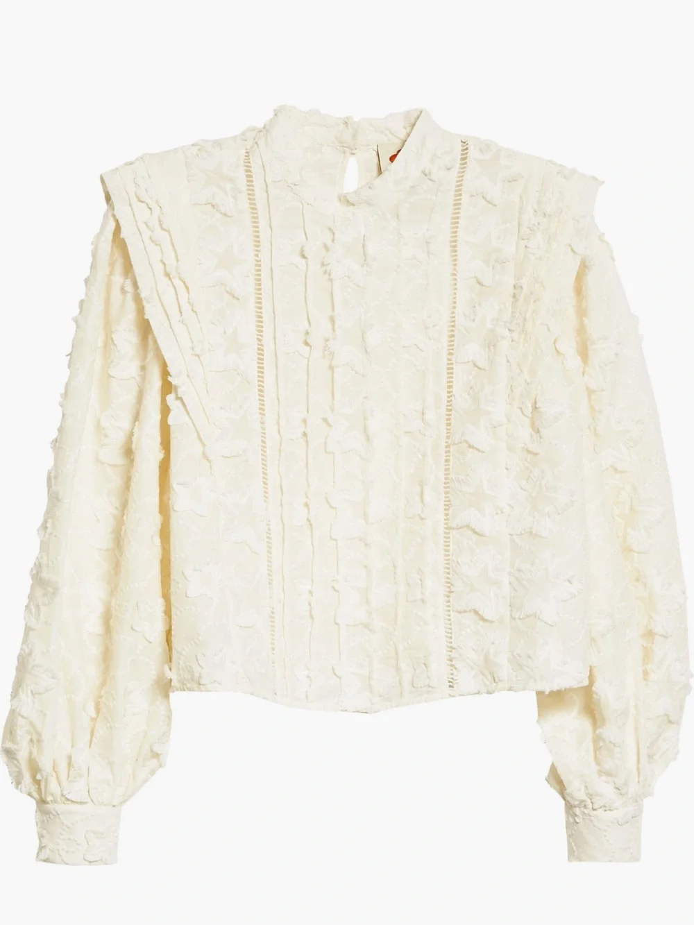 FARM Rio White Floral Lace Peasant Blouse with Puff Sleeves